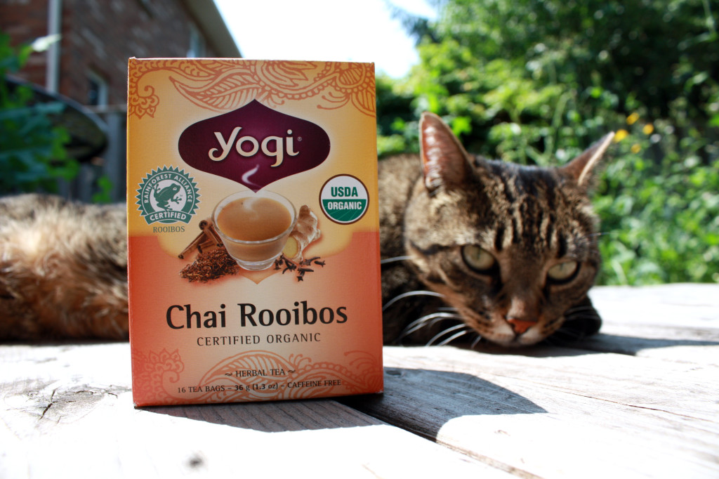 Chai Rooibos tea by Yogi (my tabby cat is lounging in the background)